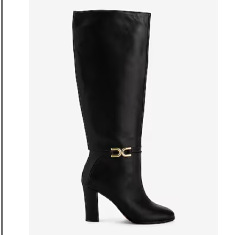 Express Black Knee-High Heeled Boots with Gold Accent
